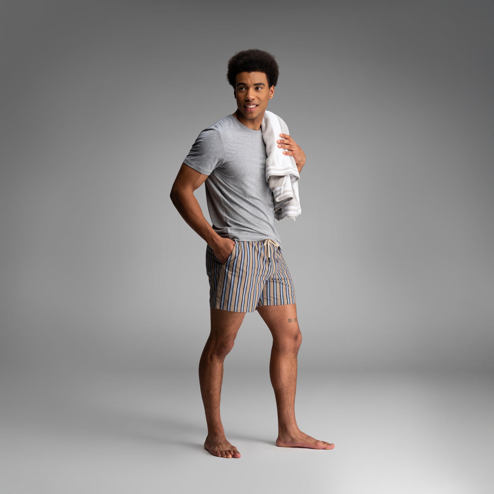Wave 5" Swim Short 2N1 : Menswear Stripe - Beige | BN3TH Underwear