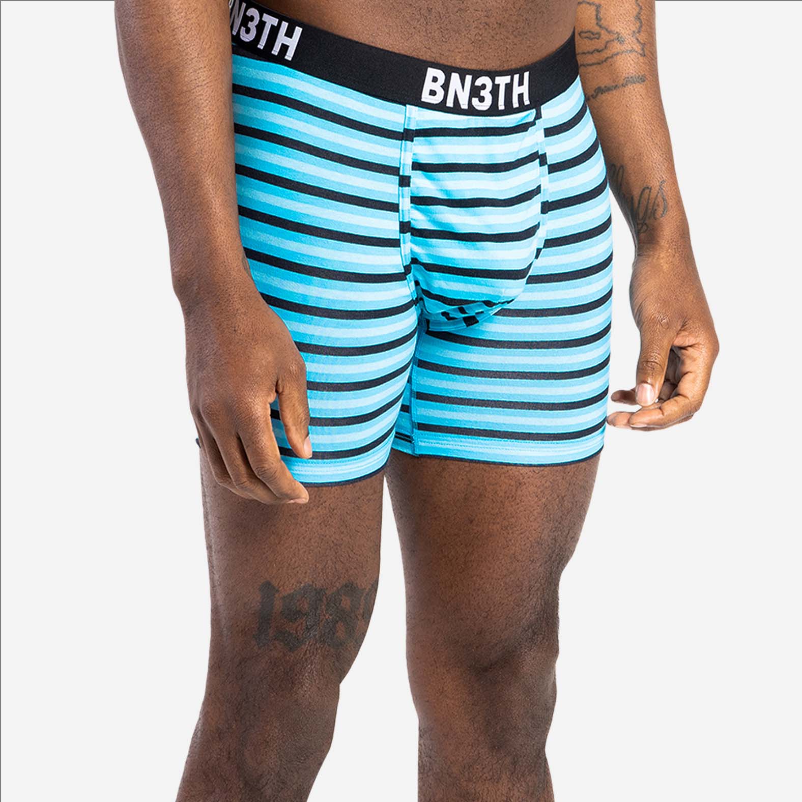 OUTSET BOXER BRIEF: BLACK/MINI TRICOLOUR STRIPE TURQUOISE 2 PACK