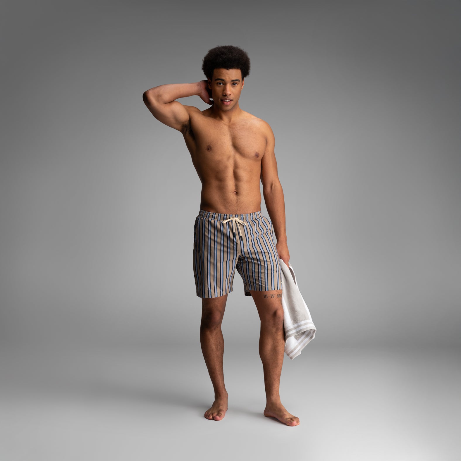 Wave 7" Swim Short 2N1 : Menswear Stripe - Beige  | BN3TH Underwear