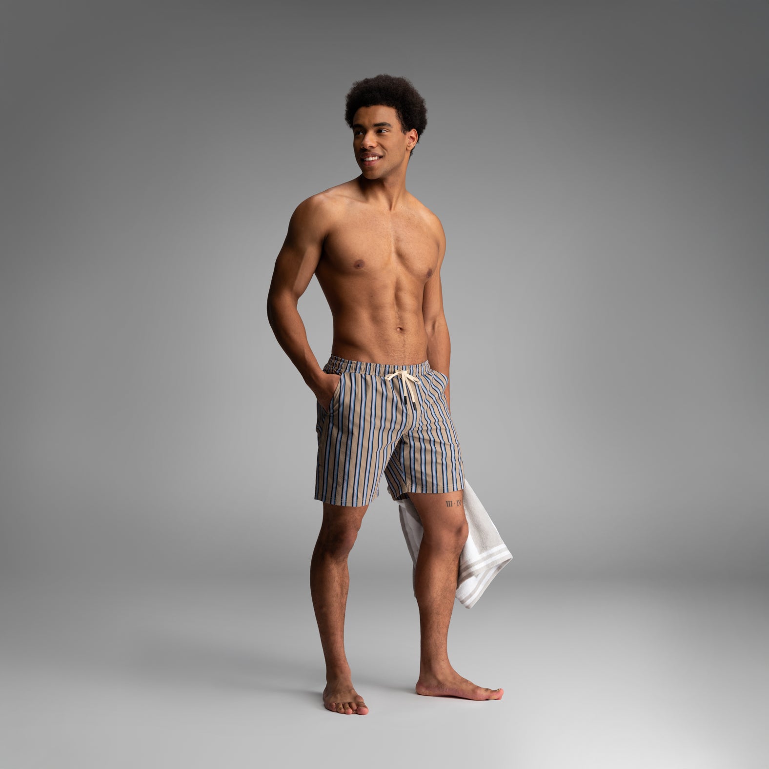 Wave 7" Swim Short 2N1 : Menswear Stripe - Beige  | BN3TH Underwear