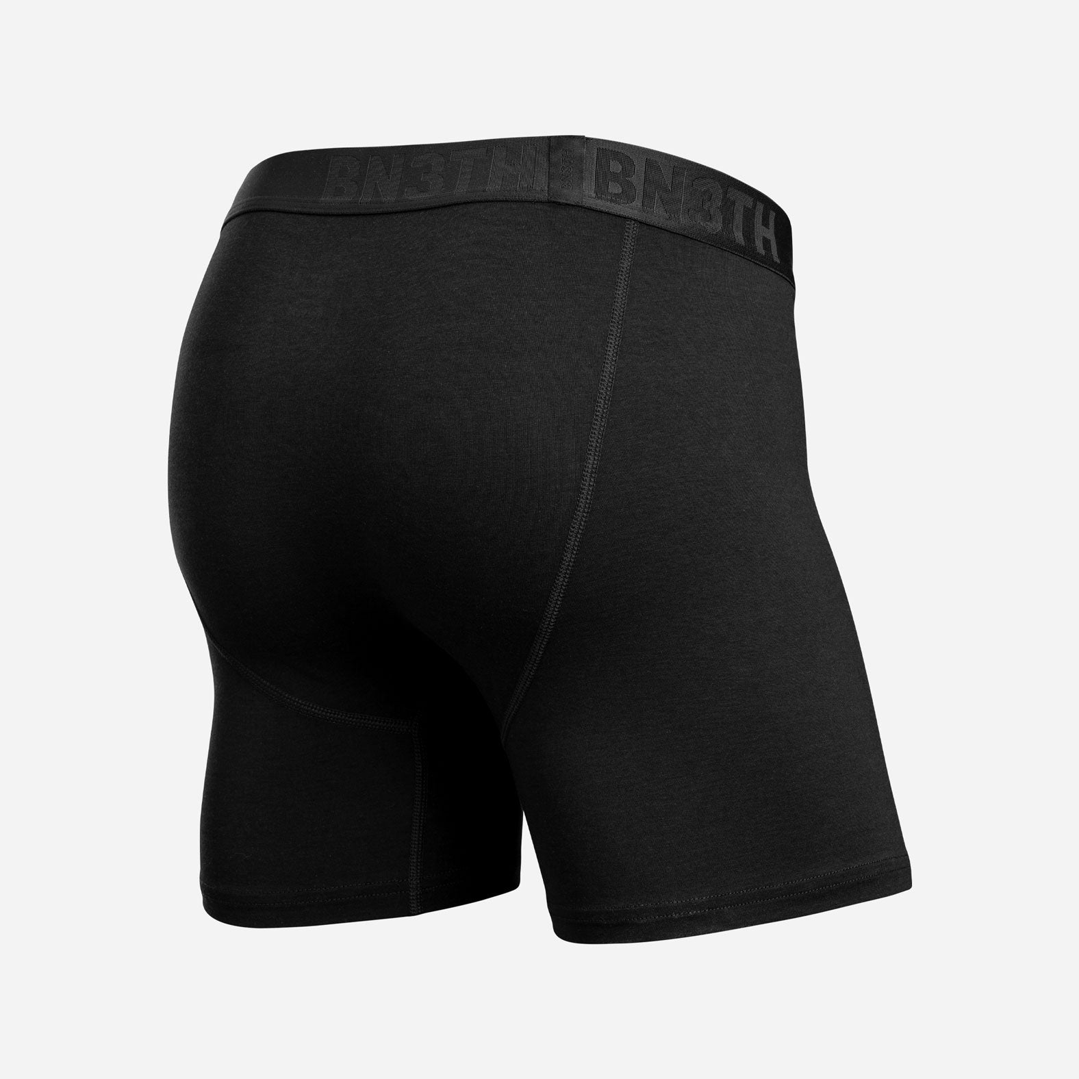 Black men's boxer briefs with a wide elastic waistband, shown on a light gray background. Essentials Boxer Brief: Black