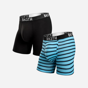 OUTSET BOXER BRIEF: BLACK/MINI TRICOLOUR STRIPE TURQUOISE 2 PACK